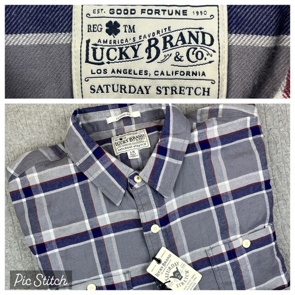 Lucky Brand new with tags Saturday Stretch Plaid Flannel Shirt Men L/G Gray Blue - Picture 1 of 11